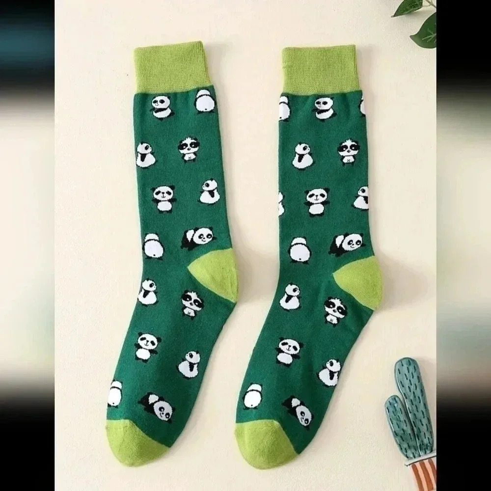Multicolor green olive panda bear print fun crew socks for men unisex women boot